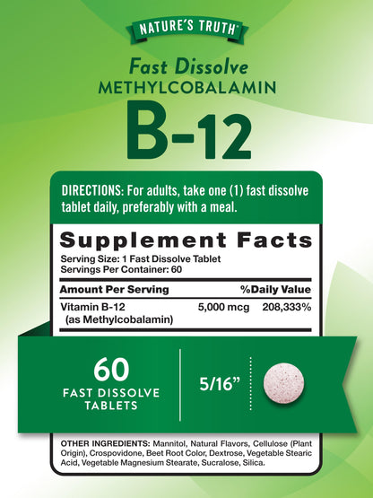 Nature's Truth B12 Vitamin 5000 mcg - 60 Tablets - Fast Dissolve Berry Flavor - Vegan, Non-GMO & Gluten-Free