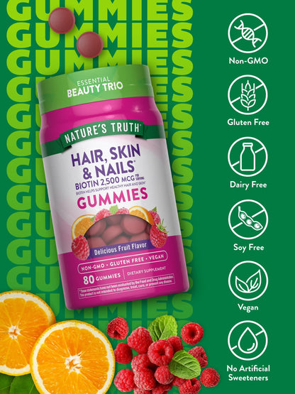 Nature's Truth Hair Skin Nails Gummies - 80 Count, 2500mcg Biotin | Vegan