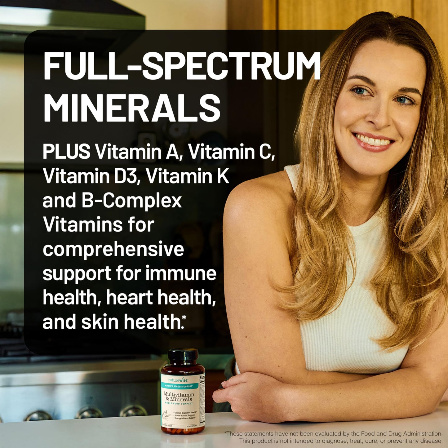 NatureWise Women's Multivitamin with Stress Support – Immunity, Hair, Skin & Nails | Organic Whole Foods, Non-GMO | 60 Capsules