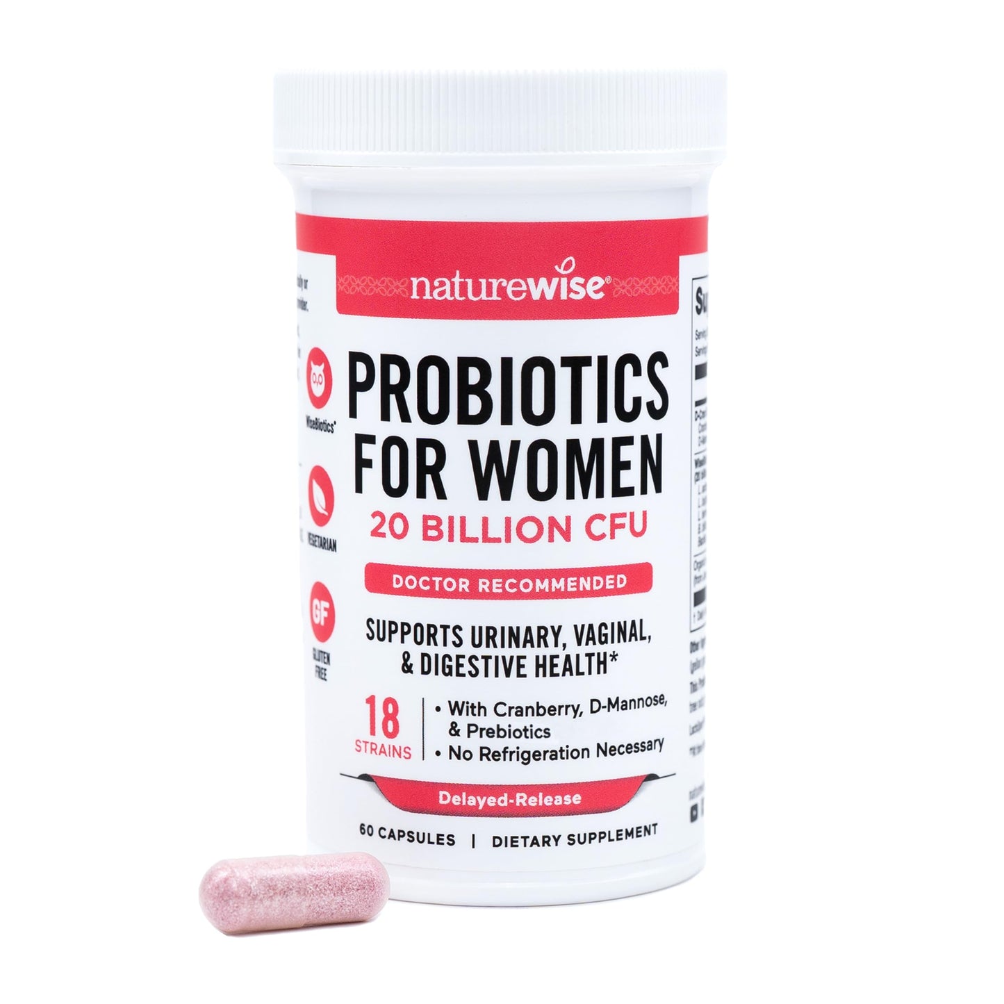 NatureWise Probiotics for Women + Organic Prebiotics, D-Mannose & Cranberry – Vaginal pH Balance, Digestive & Urinary Health | 18 Strains, 20 Billion CFU, 60 Capsules (60-Day Supply)