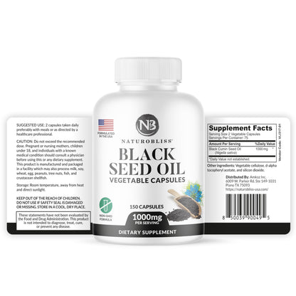 NaturoBliss Black Seed Oil Softgels – 150 Vegan, Non-GMO, Cold-Pressed Nigella Sativa
