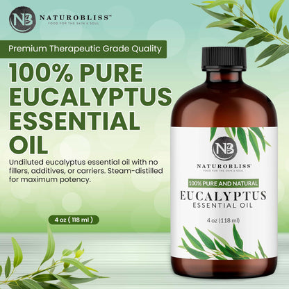 NaturoBliss 100% Pure Eucalyptus Essential Oil (4oz) – Undiluted, Therapeutic Grade Aromatherapy