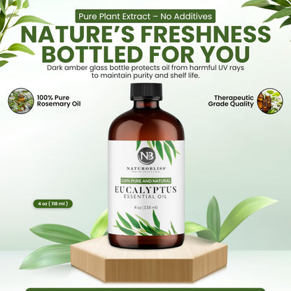 NaturoBliss 100% Pure Eucalyptus Essential Oil (4oz) – Undiluted, Therapeutic Grade Aromatherapy