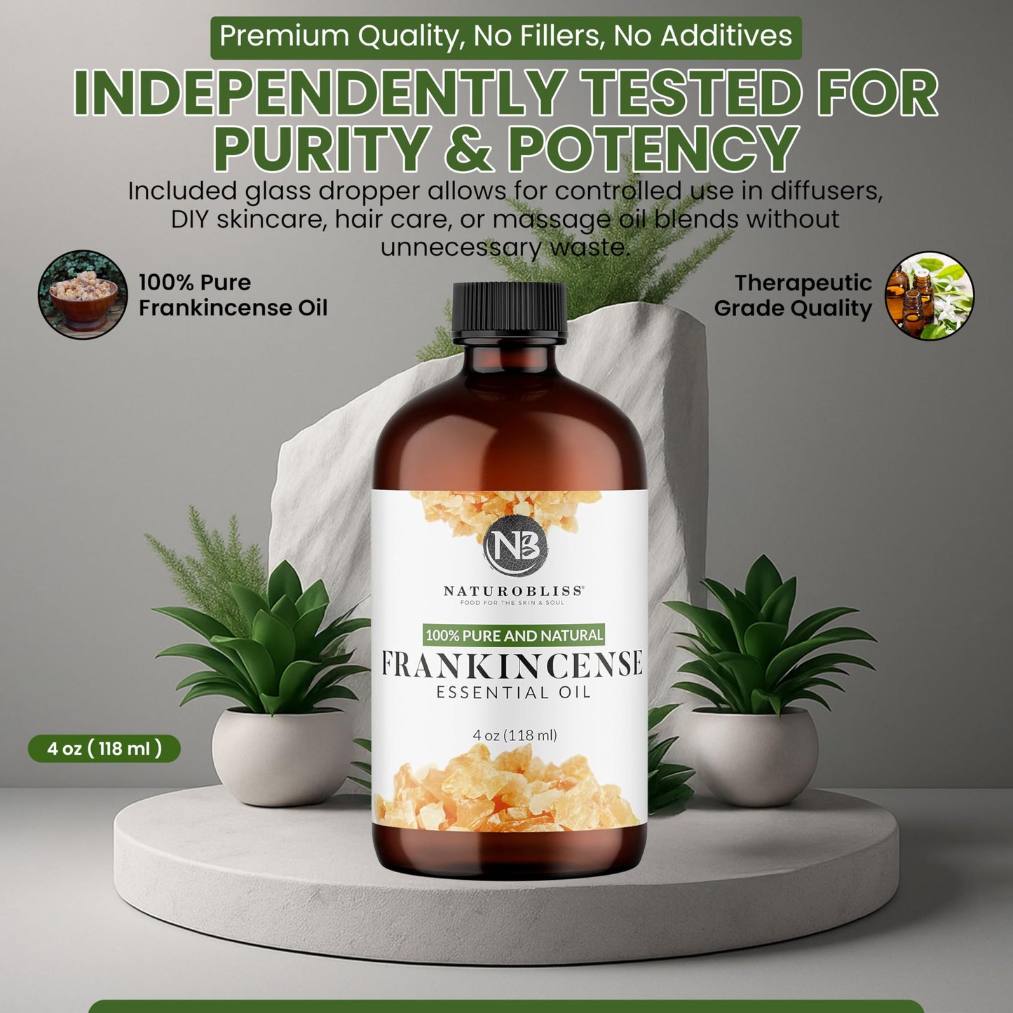 NaturoBliss 100% Pure Frankincense Essential Oil – 4 fl oz | Therapeutic Grade with Glass Dropper