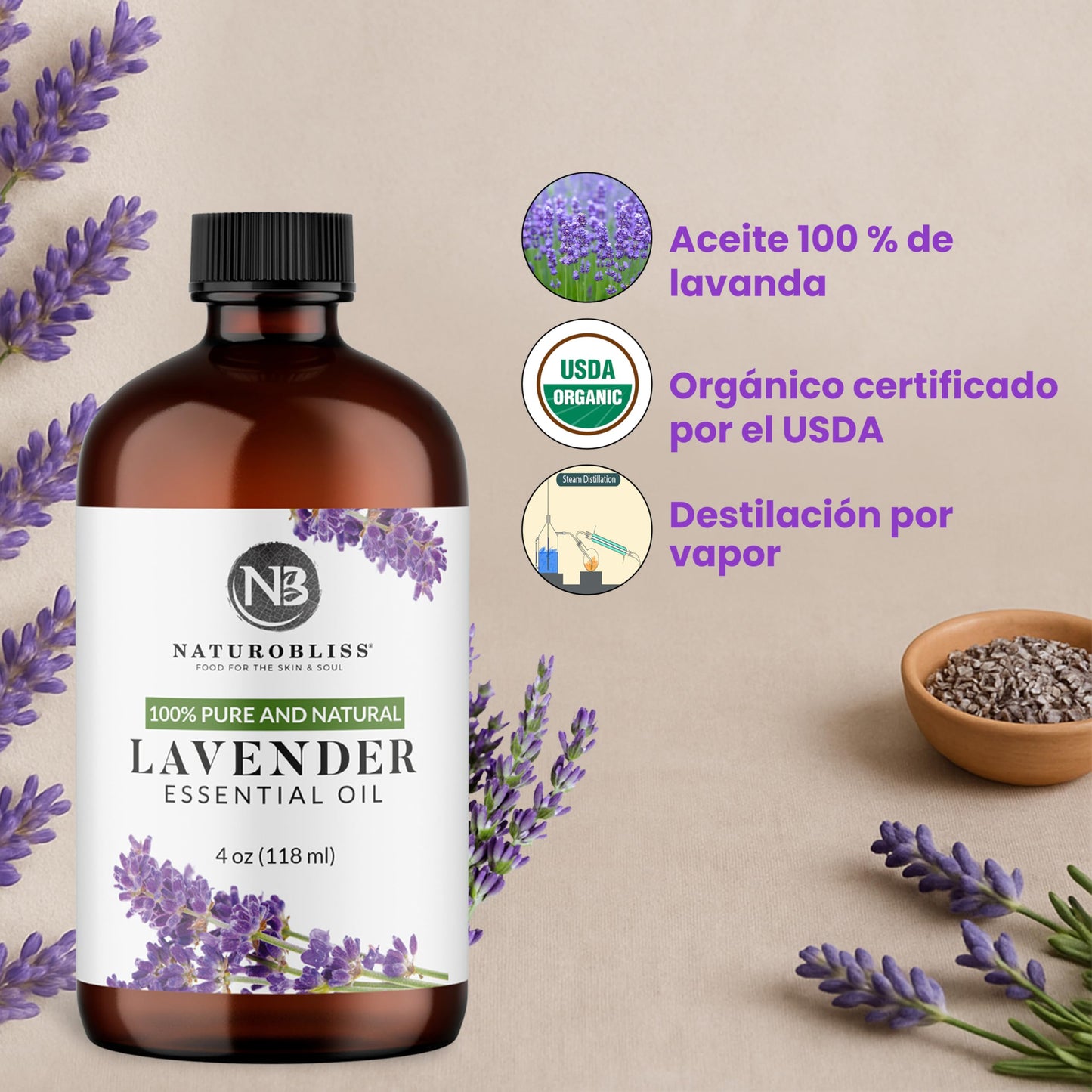 NaturoBliss 100% Pure Lavender Essential Oil – Therapeutic Grade, Premium Quality, 4 fl oz with Glass Dropper