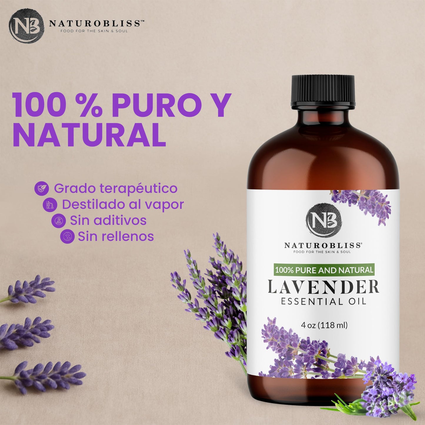 NaturoBliss 100% Pure Lavender Essential Oil – Therapeutic Grade, Premium Quality, 4 fl oz with Glass Dropper