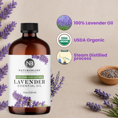 NaturoBliss 100% Pure Lavender Essential Oil – Therapeutic Grade, Premium Quality, 4 fl oz with Glass Dropper