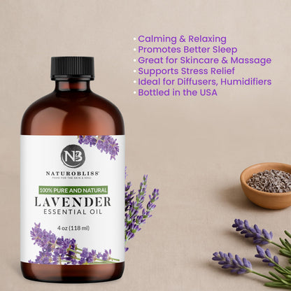 NaturoBliss 100% Pure Lavender Essential Oil – Therapeutic Grade, Premium Quality, 4 fl oz with Glass Dropper