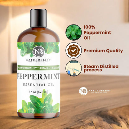 NaturoBliss Peppermint Essential Oil, 100% Pure and Natural Therapeutic Grade, Premium Quality Peppermint Oil, 16 fl. Oz - Perfect for Aromatherapy and Relaxation