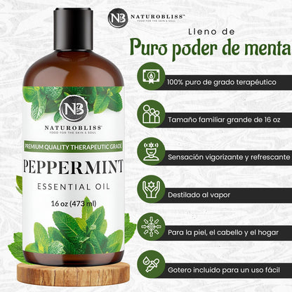 NaturoBliss Peppermint Essential Oil, 100% Pure and Natural Therapeutic Grade, Premium Quality Peppermint Oil, 16 fl. Oz - Perfect for Aromatherapy and Relaxation