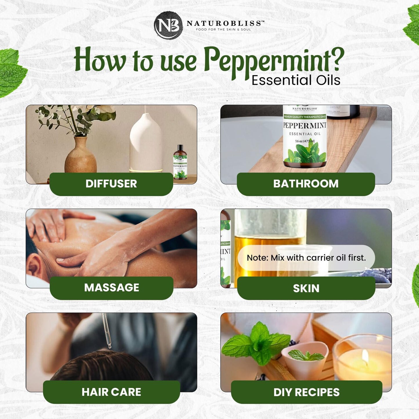 NaturoBliss Peppermint Essential Oil, 100% Pure and Natural Therapeutic Grade, Premium Quality Peppermint Oil, 16 fl. Oz - Perfect for Aromatherapy and Relaxation