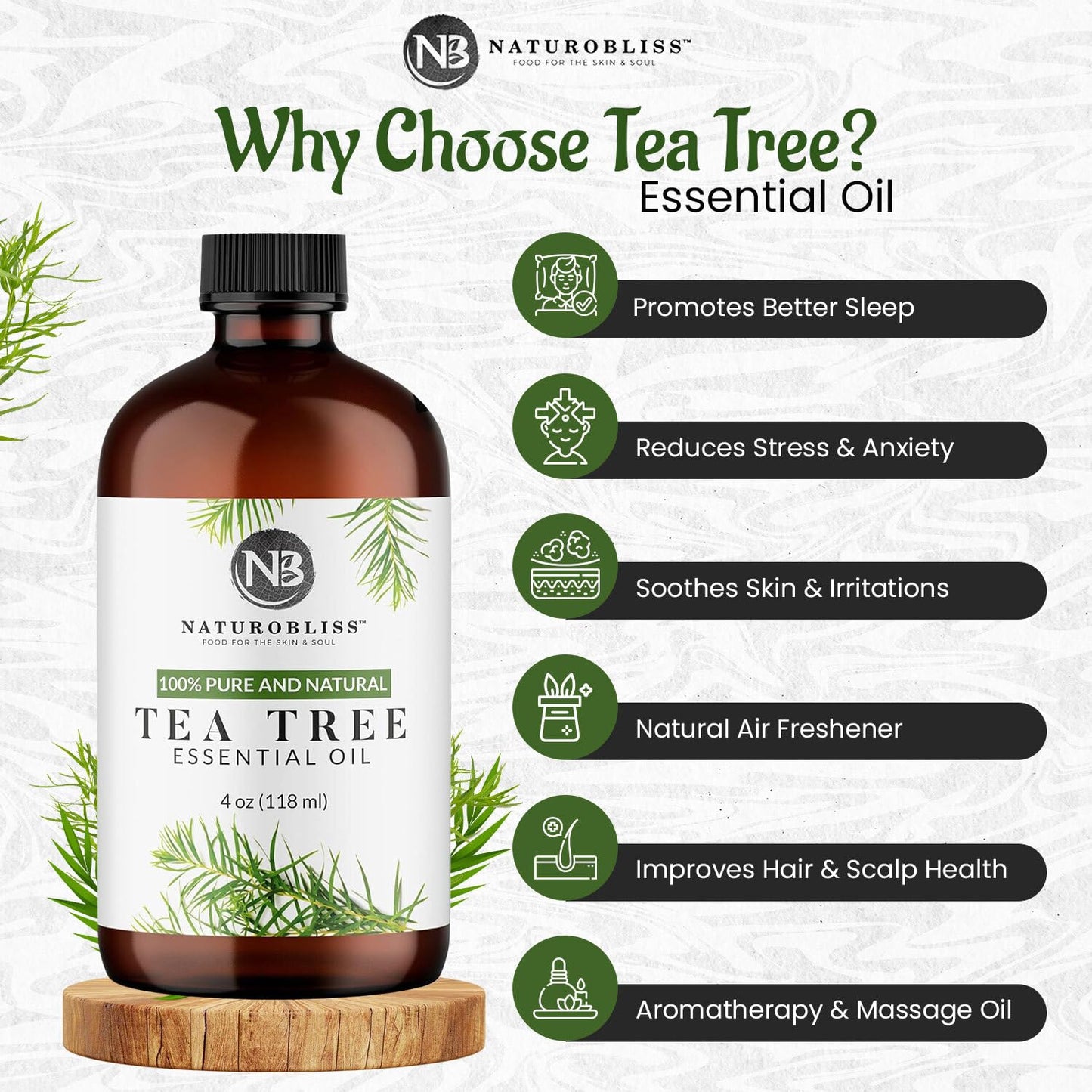 NaturoBliss Tea Tree Essential Oil – 4 oz / 120 ml – Therapeutic Grade, Pure & Undiluted