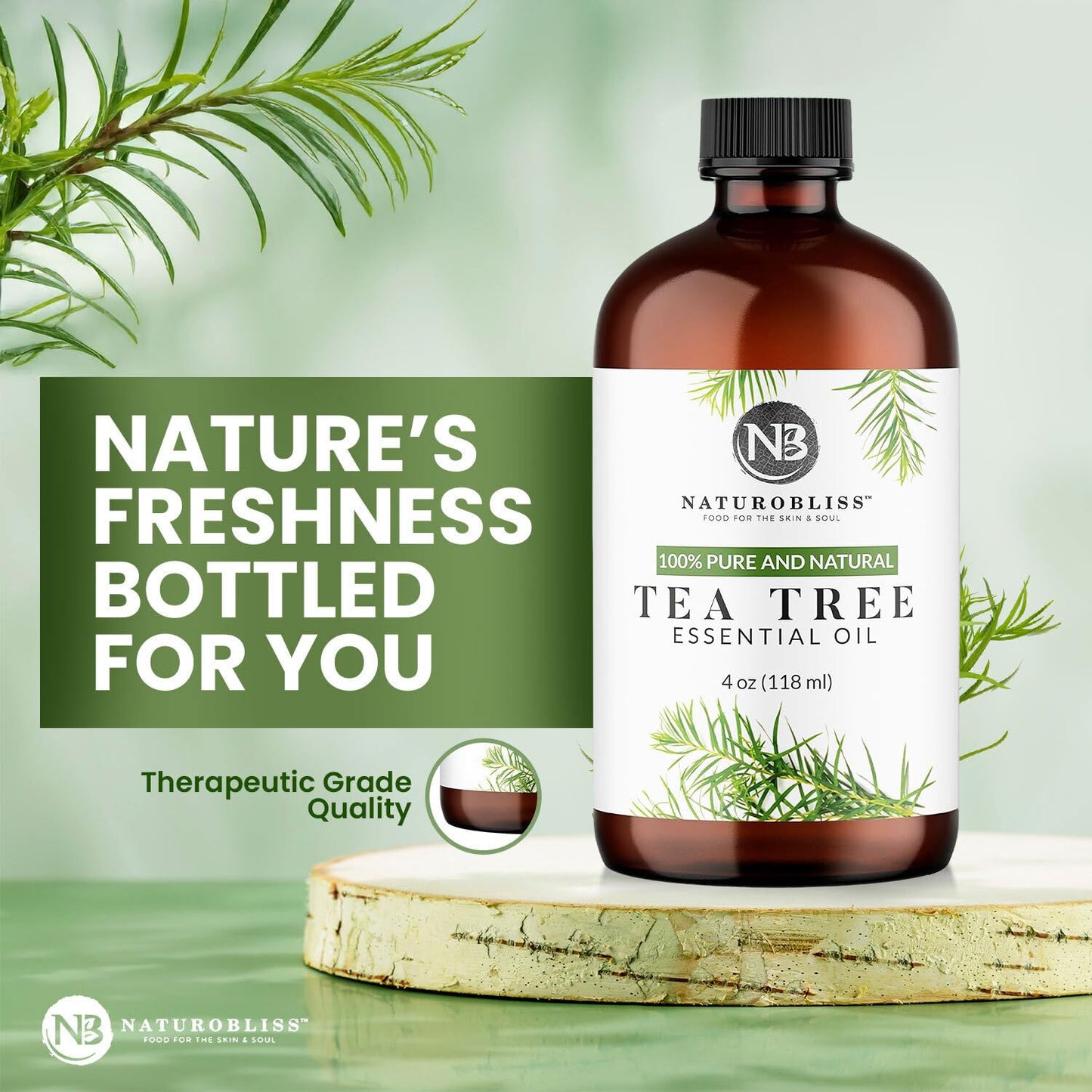 NaturoBliss Tea Tree Essential Oil – 4 oz / 120 ml – Therapeutic Grade, Pure & Undiluted