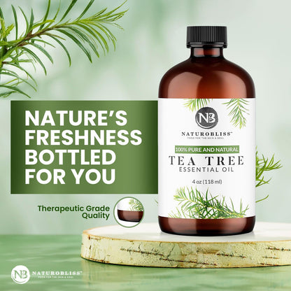 NaturoBliss Tea Tree Essential Oil – 4 oz / 120 ml – Therapeutic Grade, Pure & Undiluted