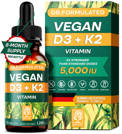NATURTREU Vegan Vitamin D3 K2 Liquid Drops with MCT Oil - 240 Servings, 3X Absorption, Non-GMO, Doctor-Formulated