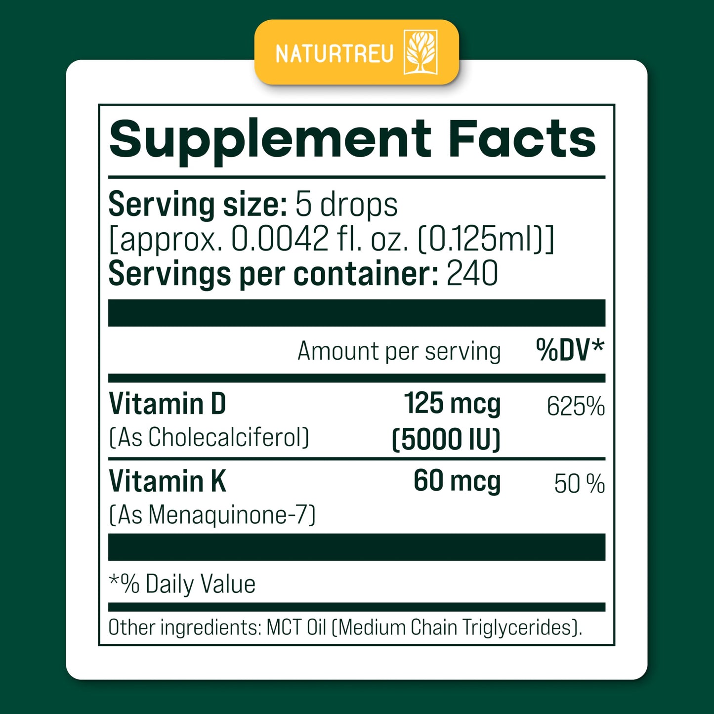 NATURTREU Vegan Vitamin D3 K2 Liquid Drops with MCT Oil - 240 Servings, 3X Absorption, Non-GMO, Doctor-Formulated