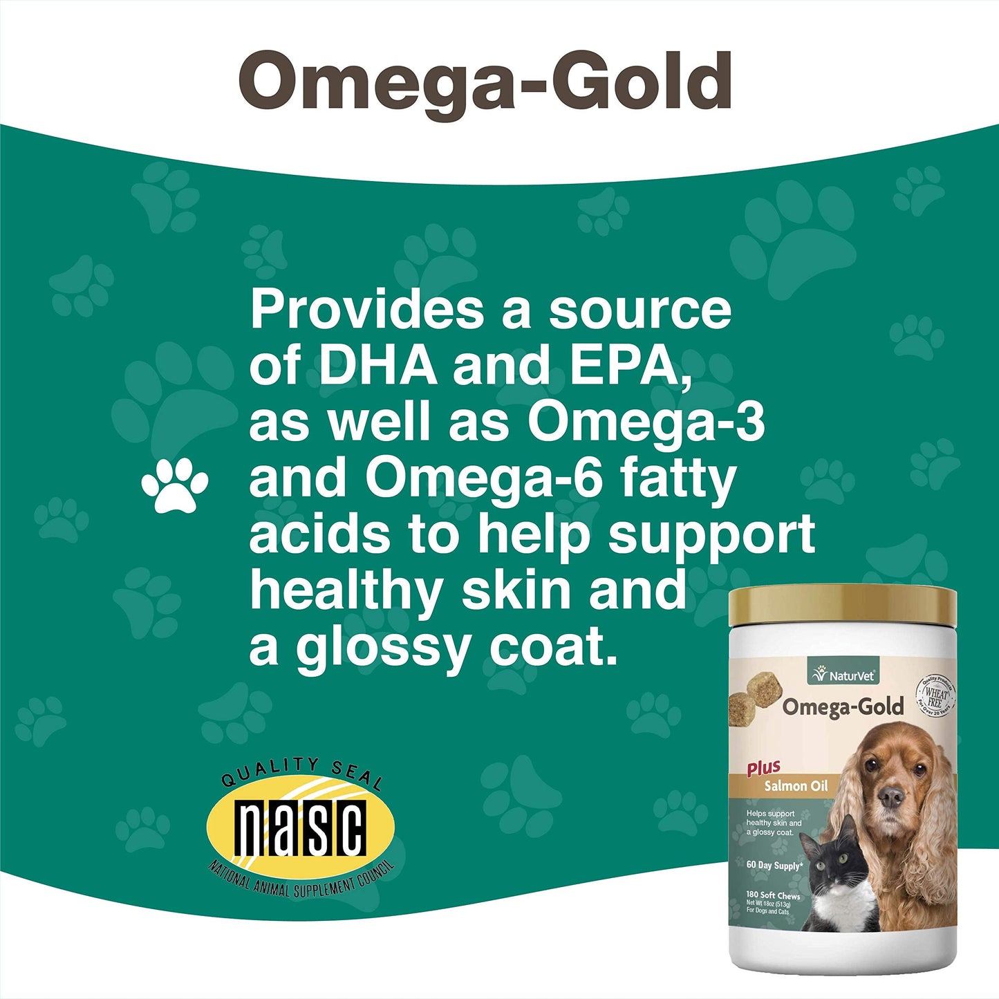NaturVet Omega-Gold Plus Salmon Oil for Dogs & Cats | Healthy Skin & Glossy Coat | 180 Soft Chews