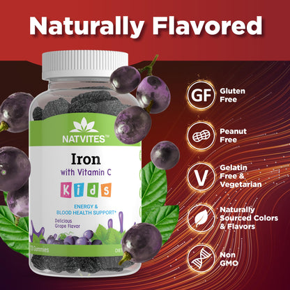 Natvites Kids Iron Gummies with Vitamin C - Grape Flavor | Gluten Free, Non-GMO, Vegetarian - 120 Count