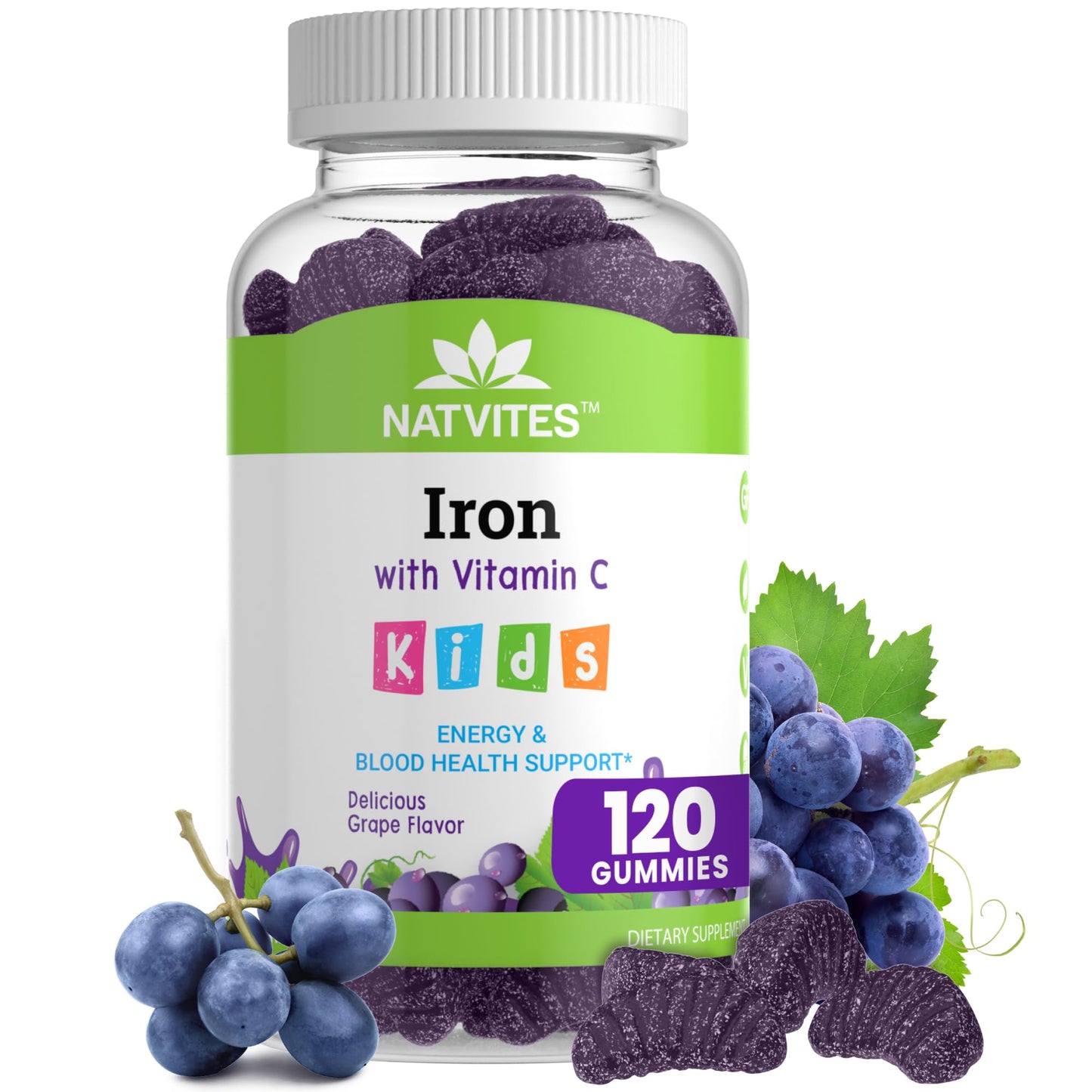 Natvites Kids Iron Gummies with Vitamin C - Grape Flavor | Gluten Free, Non-GMO, Vegetarian - 120 Count