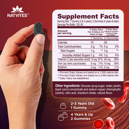 Natvites Kids Iron Gummies with Vitamin C - Grape Flavor | Gluten Free, Non-GMO, Vegetarian - 120 Count
