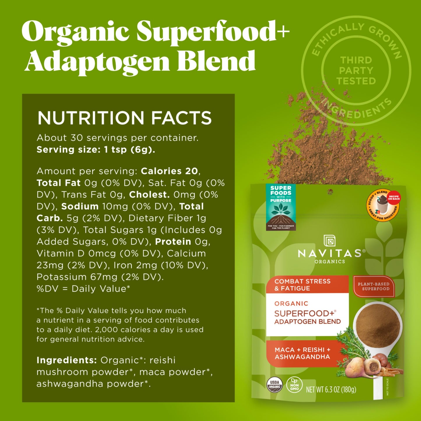 Navitas Organics Superfood+ Adaptogen Blend for Stress Support (Maca + Reishi + Ashwagandha) – 6.3oz, 30 Servings