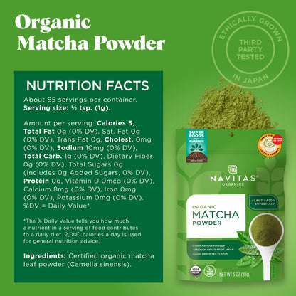 Navitas Organics Matcha Powder – Premium Culinary Grade (3oz, 85 Servings) – USDA Organic, Non-GMO, Gluten Free, Kosher, Vegan