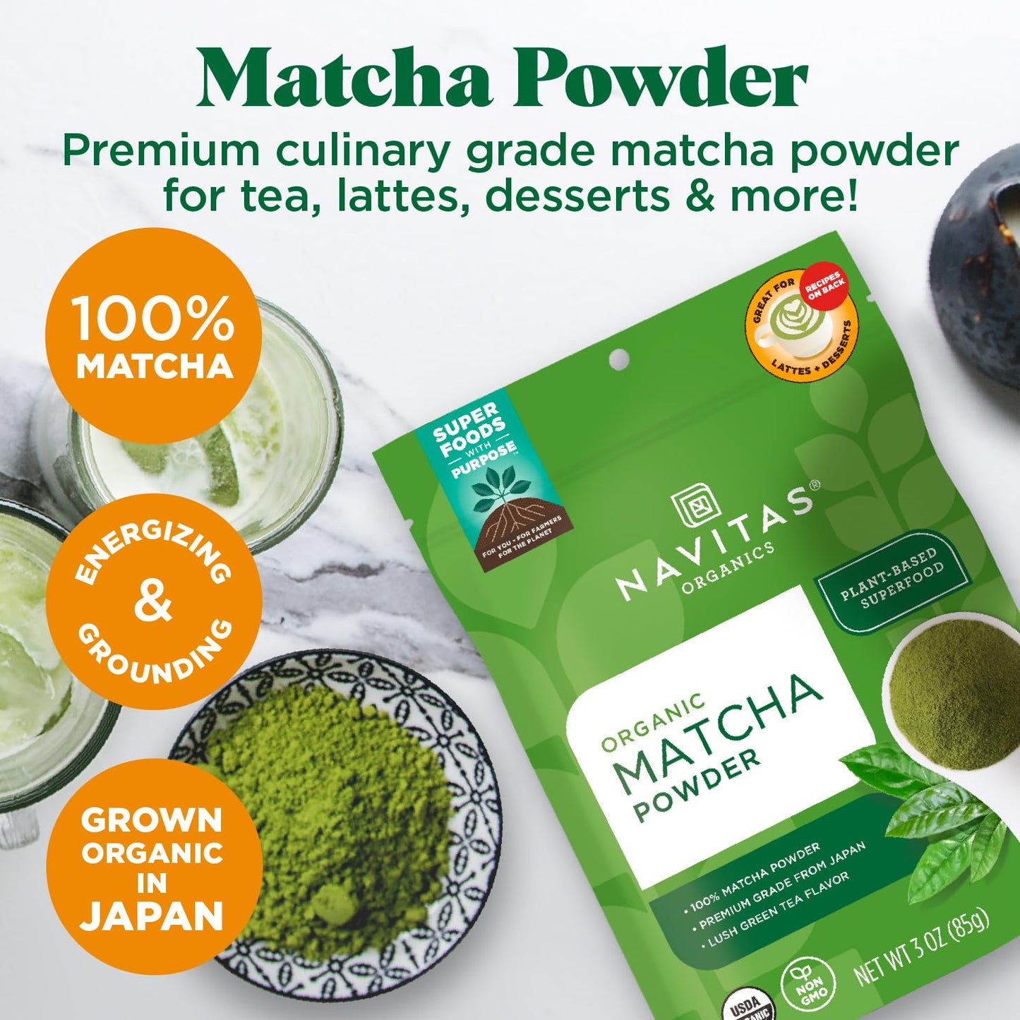 Navitas Organics Matcha Powder – Premium Culinary Grade (3oz, 85 Servings) – USDA Organic, Non-GMO, Gluten Free, Kosher, Vegan