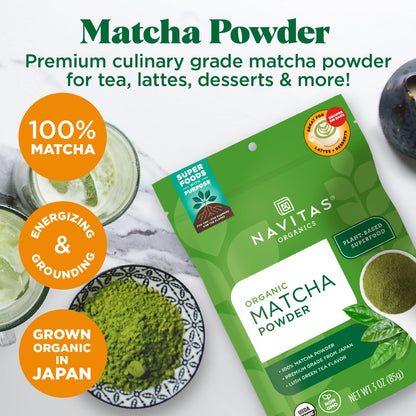 Navitas Organics Matcha Powder – Premium Culinary Grade (3oz, 85 Servings) – USDA Organic, Non-GMO, Gluten Free, Kosher, Vegan