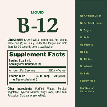 Nature’s Bounty Vitamin B-12 Sublingual Liquid 5000 mcg – Berry Flavor | 2 oz