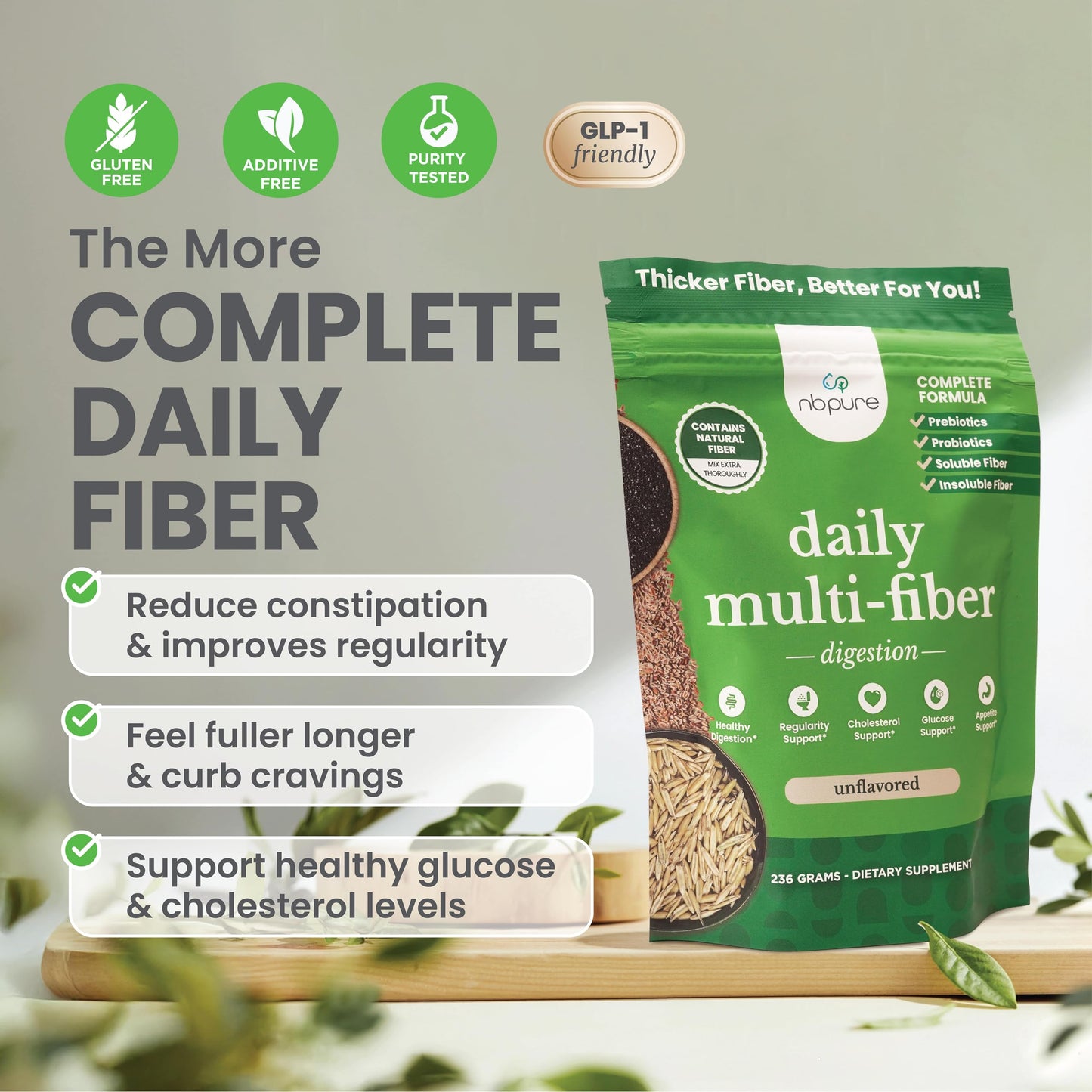 nbpure Daily Fiber Powder Blend – Digestive Health, Cholesterol Support, Weight Management | Savory Mocha, 45 Servings