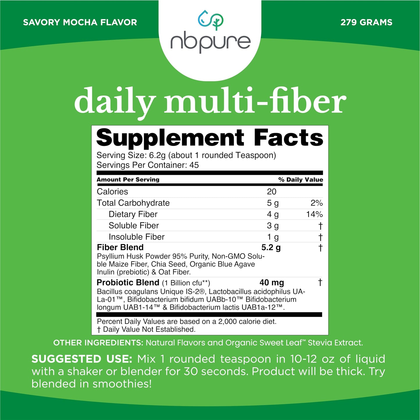 nbpure Daily Fiber Powder Blend – Digestive Health, Cholesterol Support, Weight Management | Savory Mocha, 45 Servings