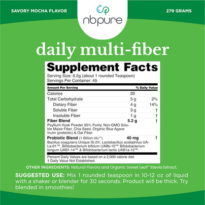 nbpure Daily Fiber Powder Blend – Digestive Health, Cholesterol Support, Weight Management | Savory Mocha, 45 Servings