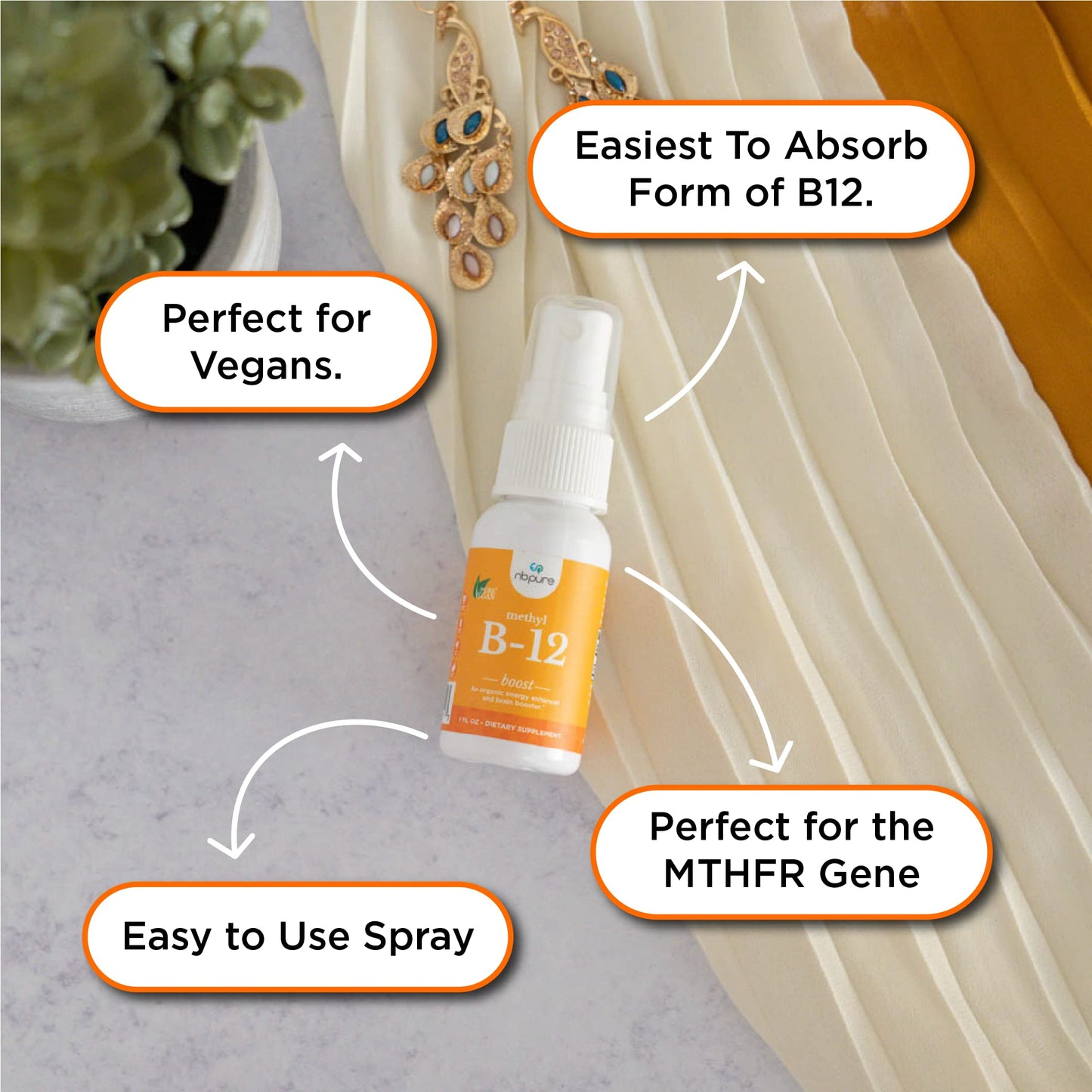 nbpure Organic & Vegan Methyl B12 Spray - 500mcg per Spray | Energy, Mood & Nerve Support
