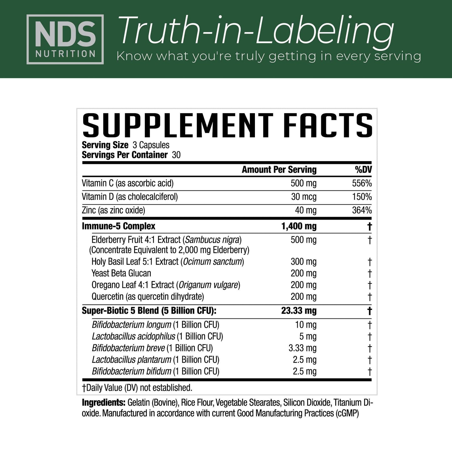 NDS Nutrition Advanced Immune Booster - Elderberry, Vitamin C, D, Zinc & Probiotic (90 capsules)