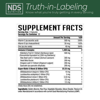 NDS Nutrition Advanced Immune Booster - Elderberry, Vitamin C, D, Zinc & Probiotic (90 capsules)