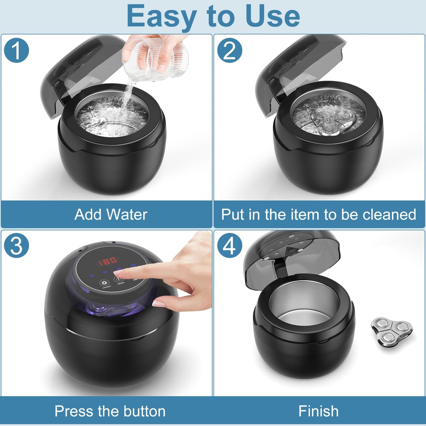 Neatevday Ultrasonic Retainer Cleaner - 250ml, 50kHz, 4 Modes, Digital Timer, for Aligners & Jewelry - Black