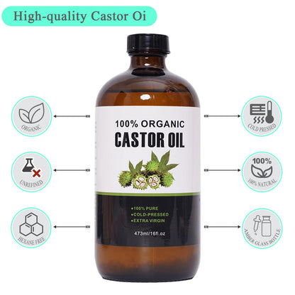 Castor Oil Organic Cold Pressed Unrefined – Glass Bottle 16oz/473ml | 6-Piece Castor Oil Pack Kit