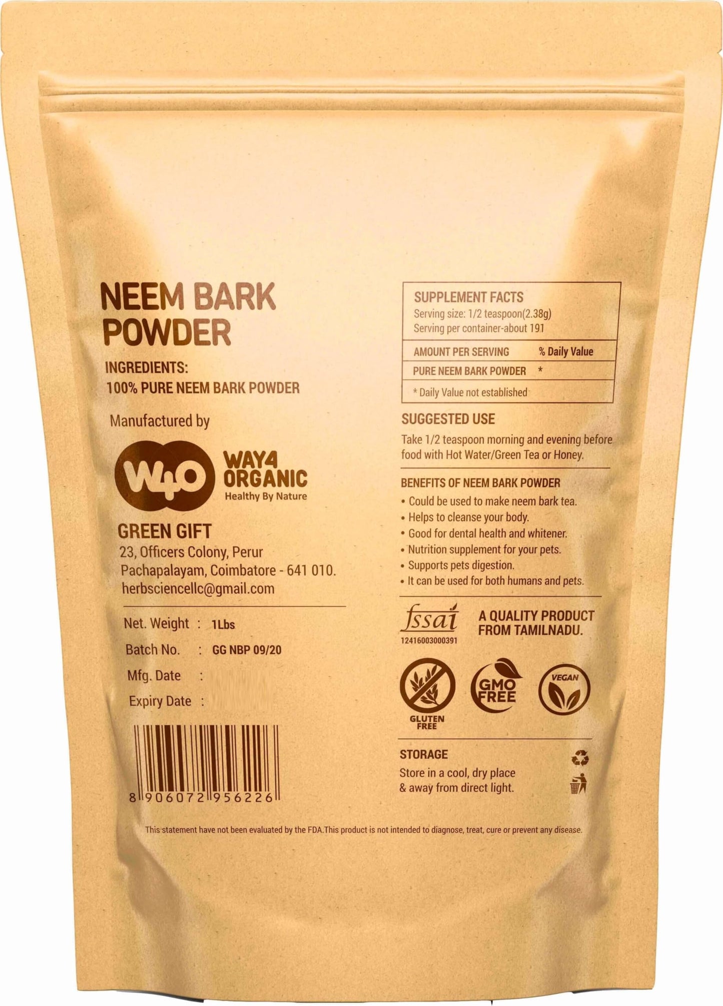 Neem Bark Powder 16 Oz (1 lb) - Dental & Digestion Support - Tooth Powder - Way4Organic