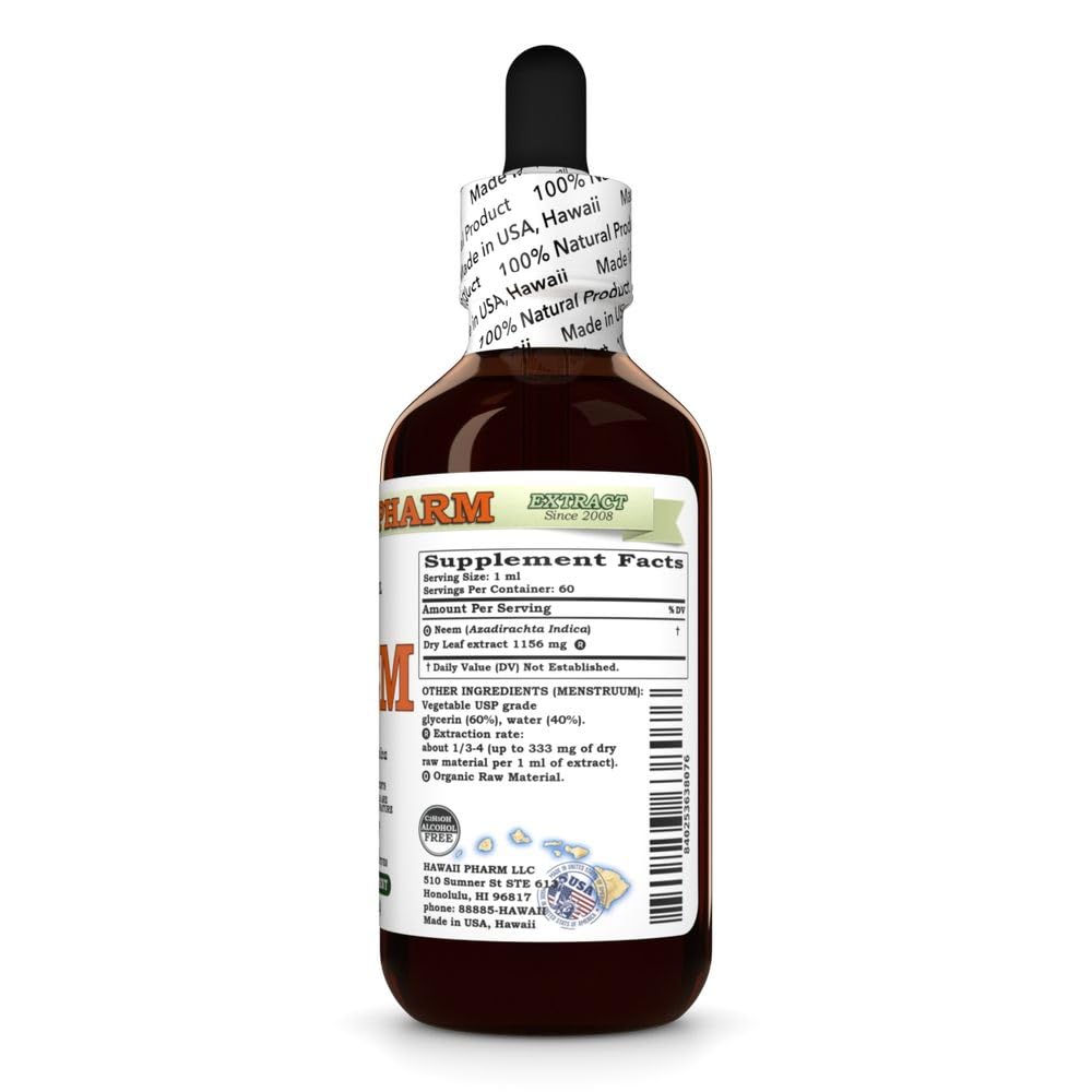 Neem Alcohol-Free Liquid Extract - Organic Neem (Azadirachta Indica) Dried Leaf Glycerite - Hawaii Pharm USA 2 fl.oz