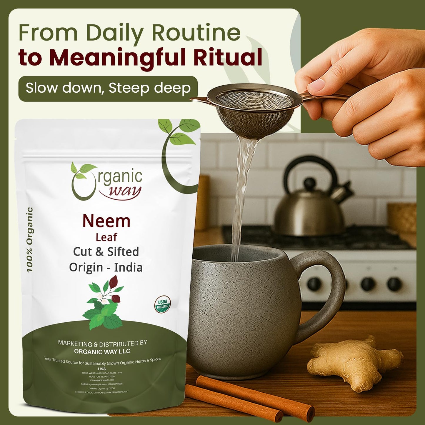 Organic Neem Leaf Cut & Sifted - Herbal Tea | Premium Dried Neem Leaves | USDA Certified | Non-GMO & Gluten Free | Origin India (4 oz)