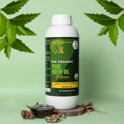Organic 100% Cold-Pressed Neem Oil (32 Fl Oz) – Pure, Unrefined Neem Oil for Hair, Skin, Plants & Pets