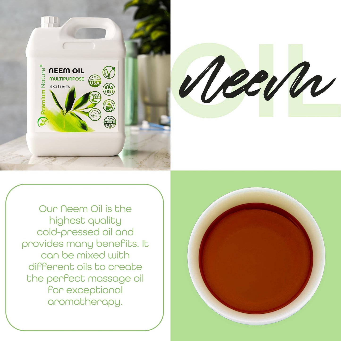 Organic Neem Oil 100% Pure Cold-Pressed for Skin, Hair & Plants | 32 oz