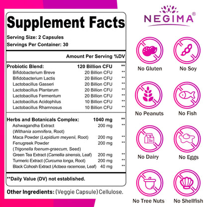 Negima Menopause Probiotics 120B CFUs - 13-in-1 Herbs & Botanicals - 60 Caps