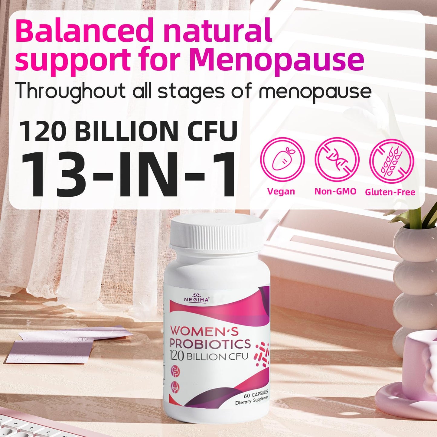 Negima Menopause Probiotics 120B CFUs - 13-in-1 Herbs & Botanicals - 60 Caps