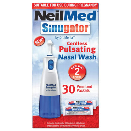 NeilMed Sinugator Cordless Pulsating Nasal Wash Kit | 30 Premixed Packets + 3 AA Batteries