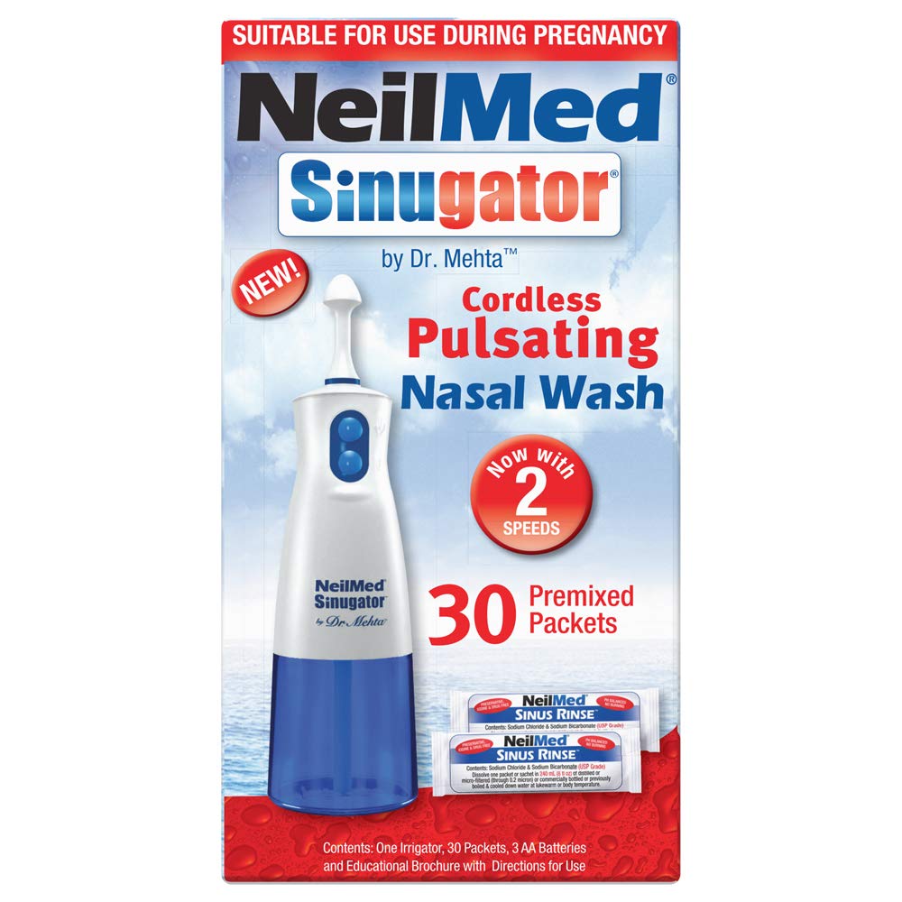 NeilMed Sinugator Cordless Pulsating Nasal Wash Kit | 30 Premixed Packets + 3 AA Batteries