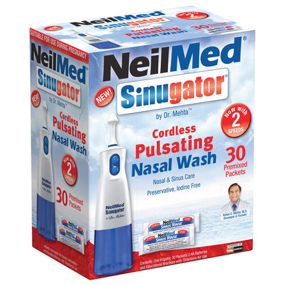 NeilMed Sinugator Cordless Pulsating Nasal Wash Kit | 30 Premixed Packets + 3 AA Batteries