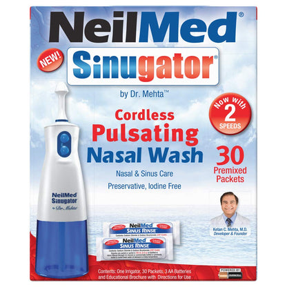 NeilMed Sinugator Cordless Pulsating Nasal Wash Kit | 30 Premixed Packets + 3 AA Batteries