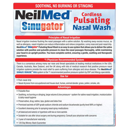 NeilMed Sinugator Cordless Pulsating Nasal Wash Kit | 30 Premixed Packets + 3 AA Batteries