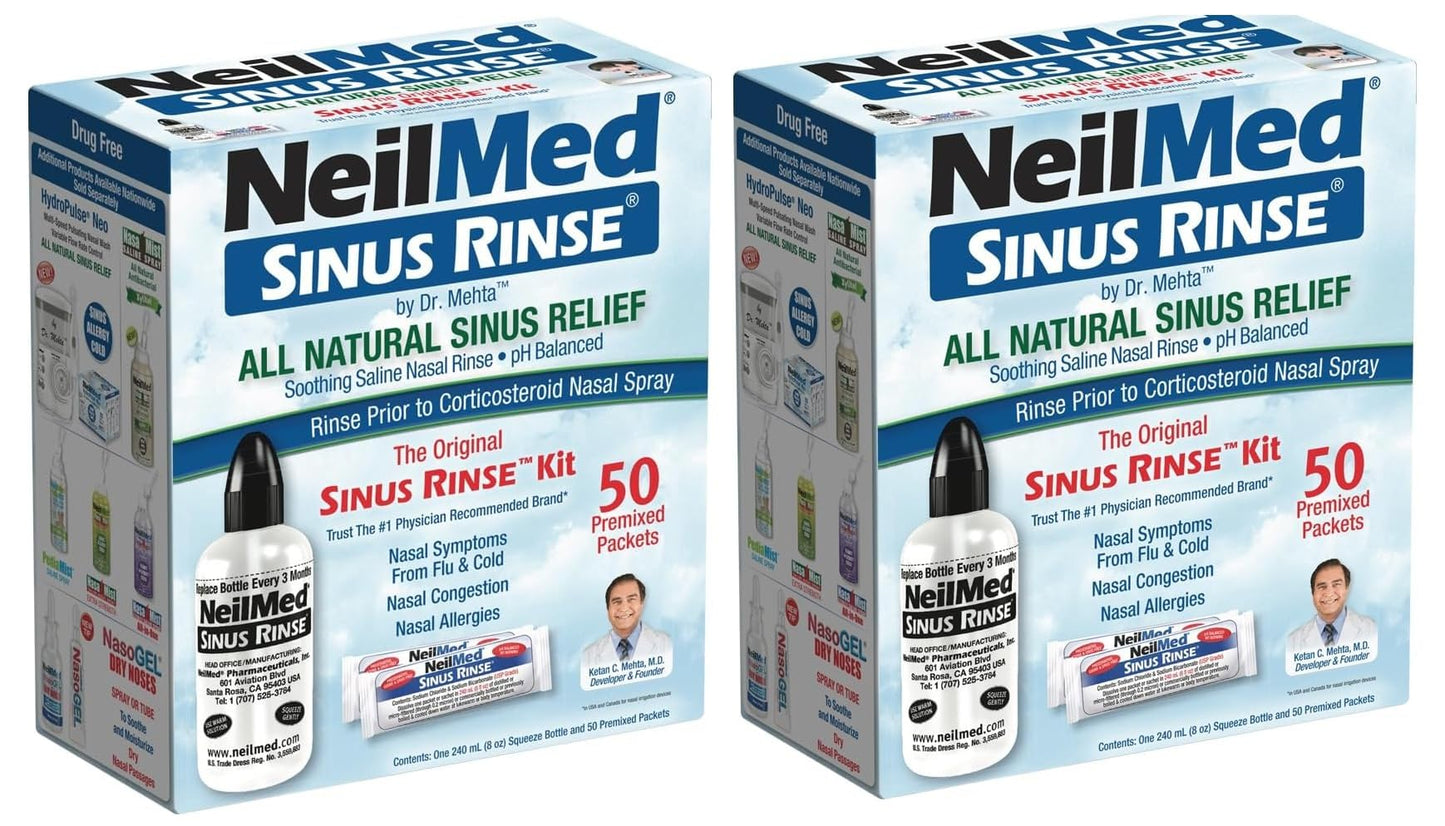 NeilMed Sinus Rinse Kit – Complete Large-Volume Nasal Irrigation (Pack of 2, 50 Count)